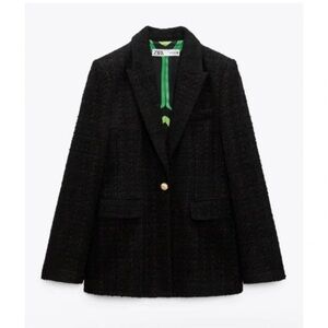 Zara Tweed One Button Blazer ~ Gold Button Detail and Boucle Green Lining